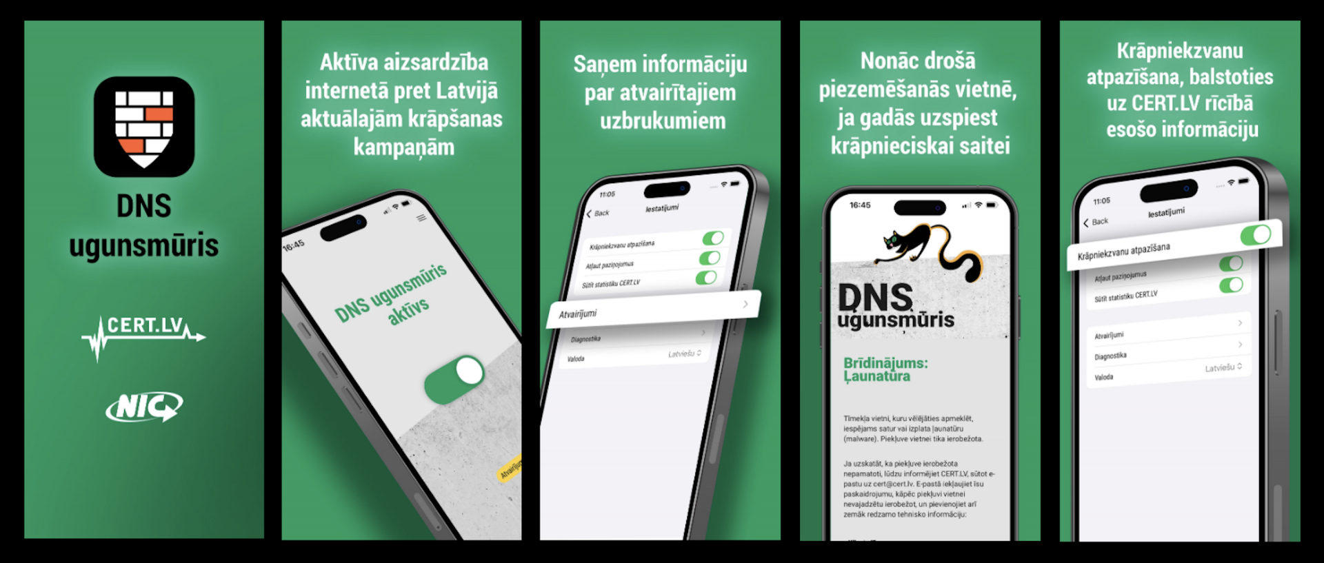 DNS ugunsmūris - banerī attēloti telefoni uz zaļa fona