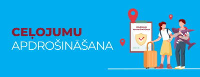 Koši zils fons, v;irietis un sieviete ar koferi. Uzraksts Ceļojumu apdrošināšana