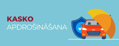 Gaiši zils fons, automašīna, kuru piesedz lietussargs, aizmugurē stilizēts vairogs. Uzraksts Kasko apdrošināšana