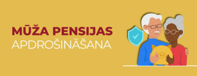 Uz dzeltena fona divi seniori, sieviete un vīrietis, Uzraksts Mūža pensijas apdrošināšana