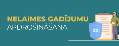 Kadiķu zilzaļā krāsā fons, uz kura cilvēks ar dokumentu, klāt stilizēts vairogs. Uzraksts Nelaimes gadījumu apdrošināšana