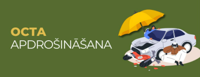 Zaļs fons, avārijā cietusi automašīna, kuru piesedz lietussargs. Uzraksts OCTA apdrošināšana