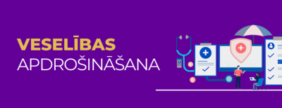 Violets fons, ārsts, pacients, virs viņiem lietussargs, medicīnas krusts, stetoskops. Uzraksts Veselības apdrošināšana