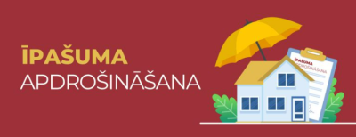 Sarkans fons, māja ar lietussargu virs tās un uzraksts Īpašuma apdrošināšana